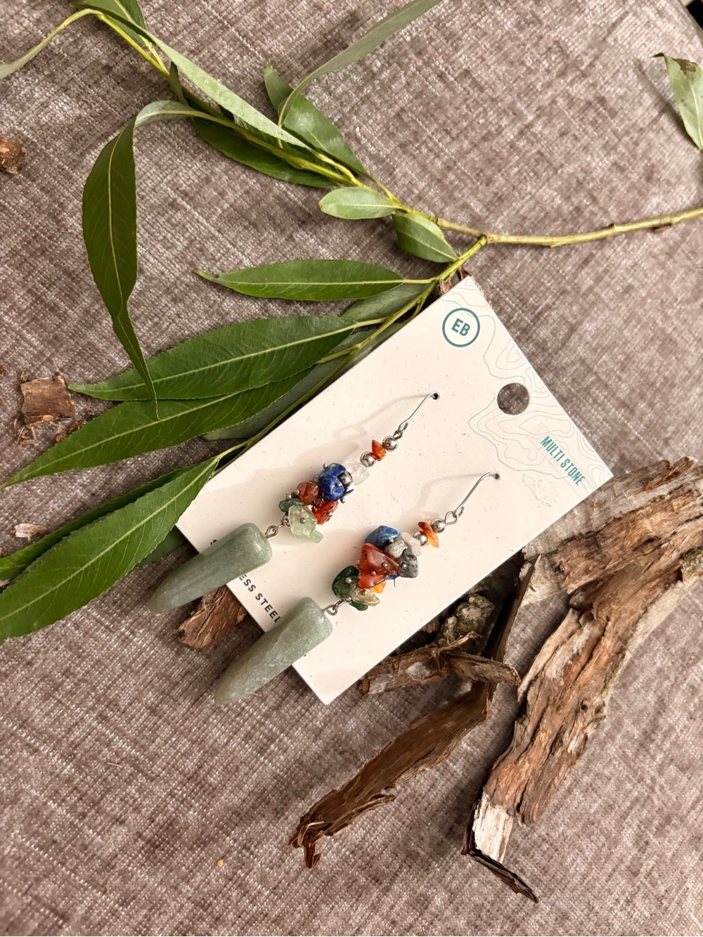Vintage Multicolored Stone Drop Earrings with Green Pendants